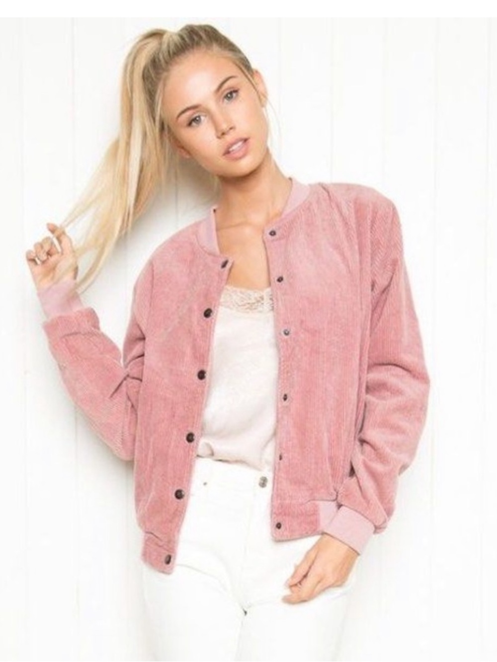 Brandy Melville Dusty Pink Corduroy Bomber Jacket